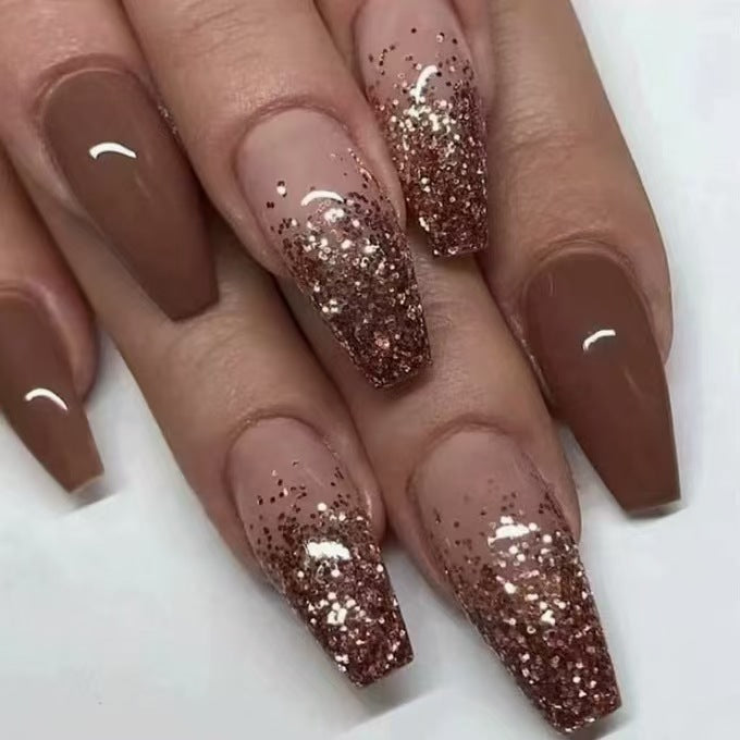 Glamorous Twilight Long coffin Brown Gradient Glitter Press On Nail Set