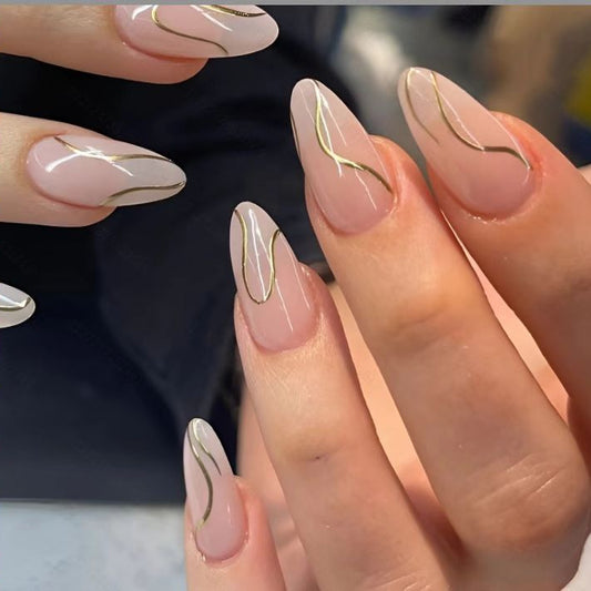 Elegant Serenity Long Almond Blush Pink with Gold Swirl Design Press On Nail Set