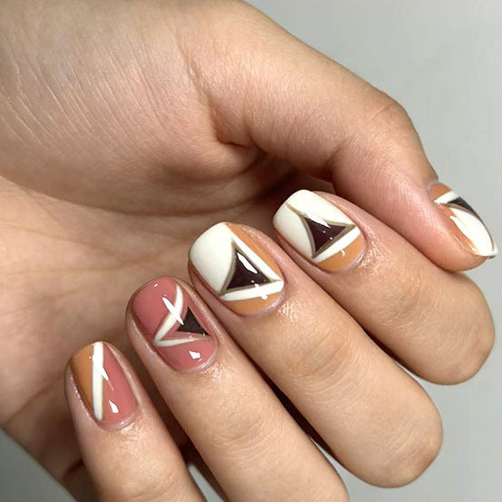 Artistic Geometric Style Short Squoval Shaped Multicolored with Chic Triangular Design Press On Nail Set