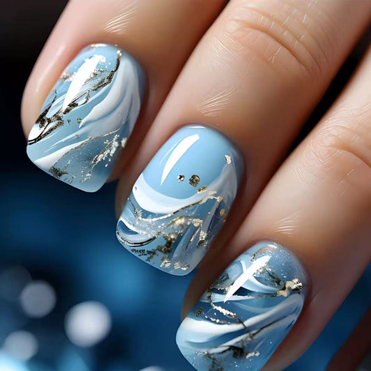 Ocean Breeze Glamour Short Square Blue Marbled Design with Gold Accents Press On Nail Set