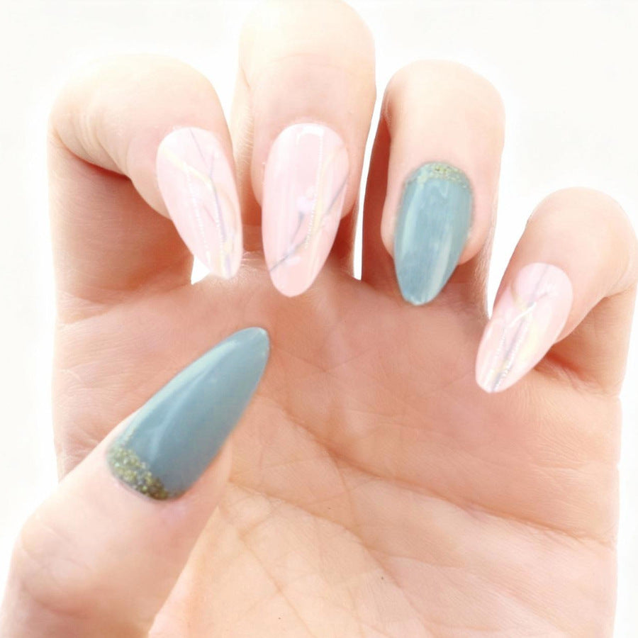Whimsical Serenity Long Almond Pink and Teal Nail Set with Elegant Glitter Accent