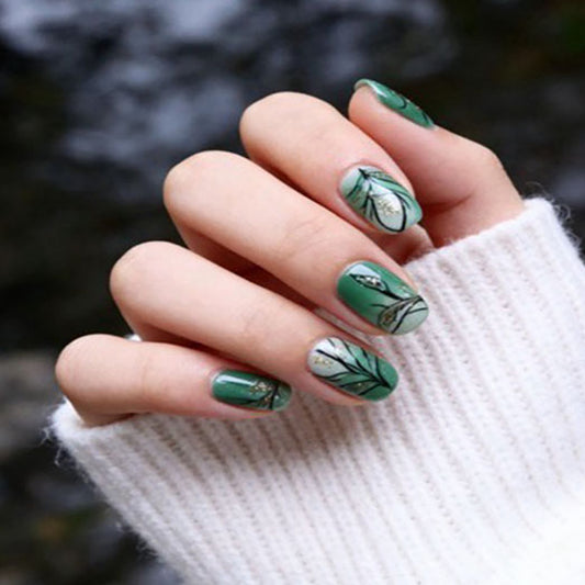 Botanical Elegance Medium Squoval Green Nail Set with Botanical Leaf Design