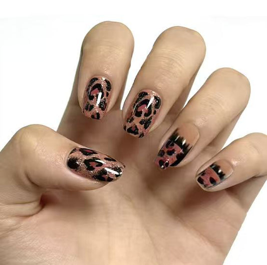 Wild Safari Leopard Print Short Squoval Shaped Pink and Black Press On Nail Set with Glittery Finish