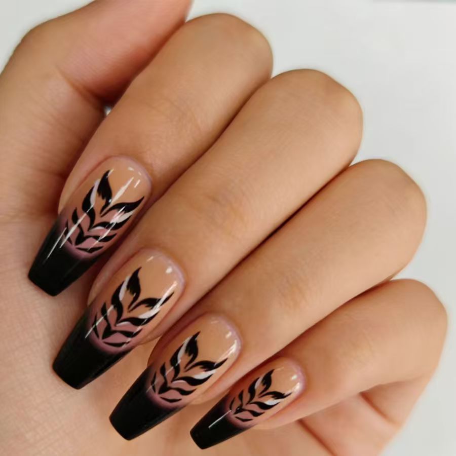 Boho Chic Long Coffin Ombre Black and Brown Floral Press On Nail Set