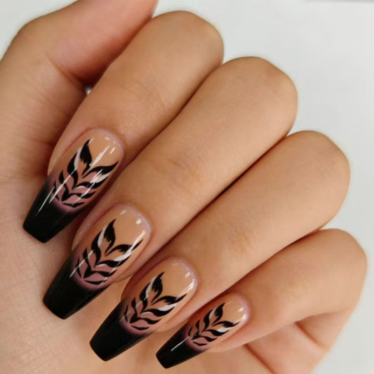 Boho Chic Long Coffin Ombre Black and Brown Floral Press On Nail Set
