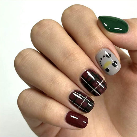 Festive Charm Short Squoval Dark Green Burgundy and Unique Plaid Design Press-On Nail Set