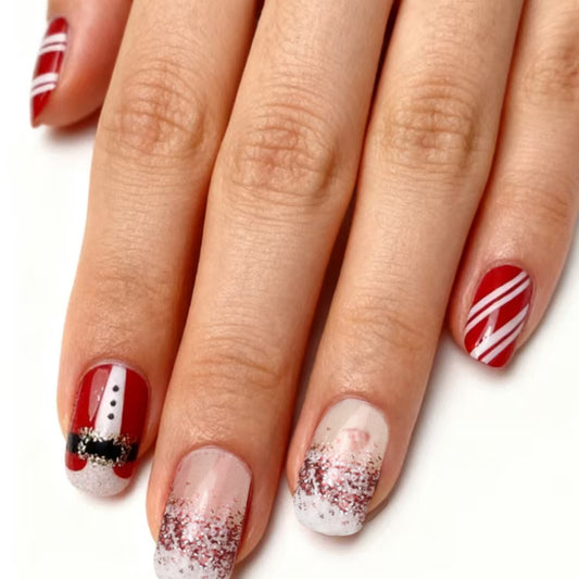 Festive Glamour Short Squoval Red with Glitter Ombre and Holiday Design Press On Nail Set