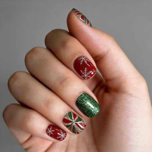 Festive Winter Wonderland Square Short Green and Red Sparkling Holiday Nail Set with Snowflake Design