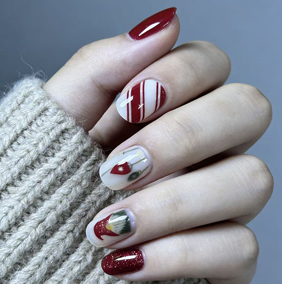 Festive Elegance Medium Squoval Burgundy and Cream Nail Set with Unique Seasonal Designs