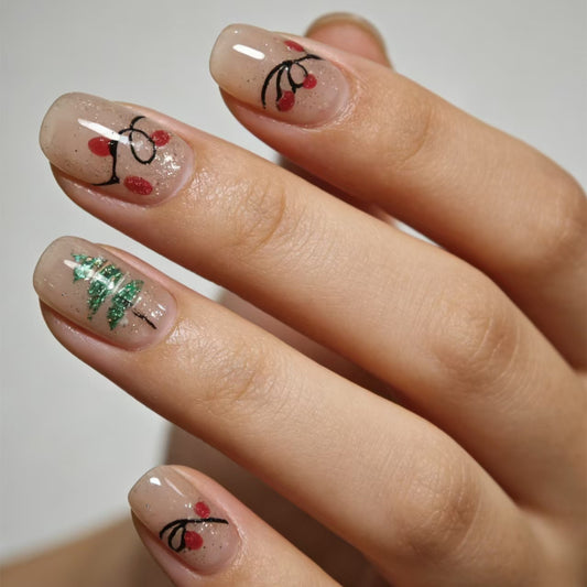 Festive Flair Medium Square Clear with Glittery Christmas Tree and Cherry Designs Press-On Nail Set