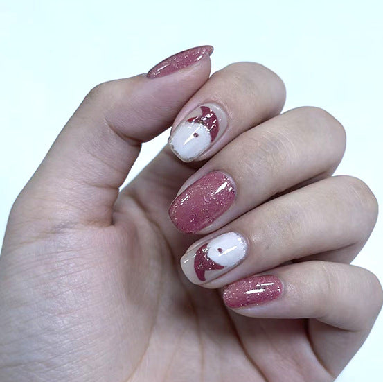 Chic Romance Medium Squoval Shaped Pink and White Glitter Nail Set with Heart Accent Design