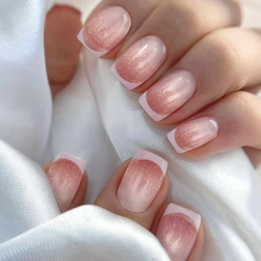 Chic Elegance Short Square Pink Gradient Press On Nail Set with Sparkling French Tips