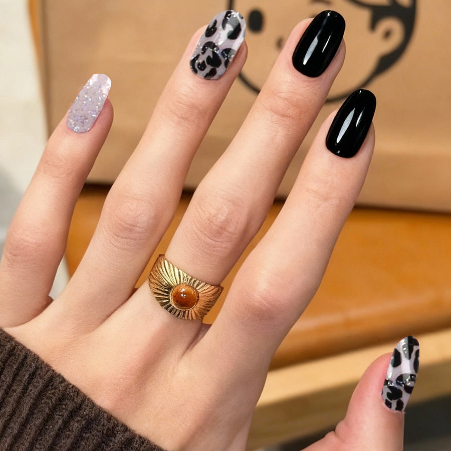 Chic Wildflower Medium Oval Black and Multicolor with Sparkling Leopard Print Design Press on Nail Set