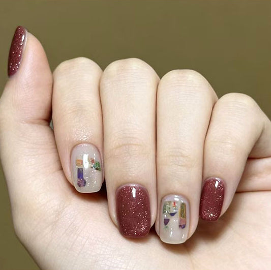 Glamorous Evening Vibes Short Square Burgundy Glitter Press On Nail Set with Unique Artistic Accents