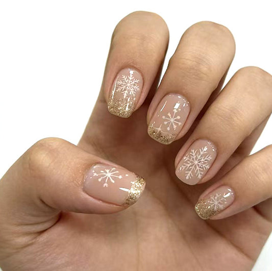 Winter Wonderland Chic Medium Square Beige Nails with Glitter Snowflake Design