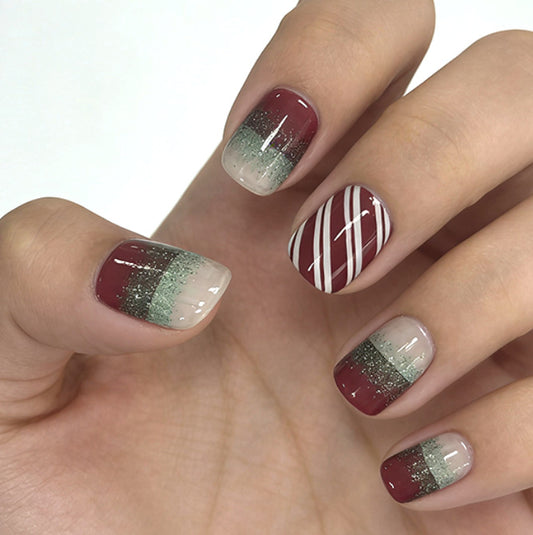 Festive Charm Short Square Gradient Red and Green Press on Nail Set with Glittery Accent and Striped Design