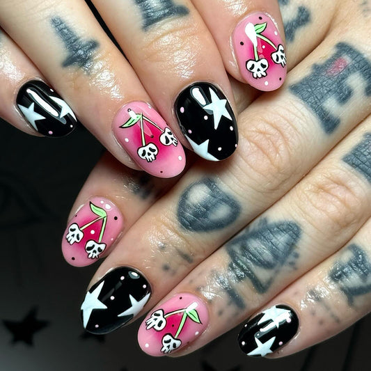Gothic Cherry Blossom Medium Oval Multi-Color Nail Set with Eye-Catching Skull Designs