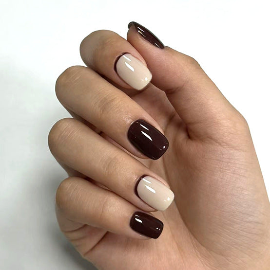 Chic Elegance Short Square Shaped Two Tone Beige and Brown Press On Nail Set with Glossy Finish