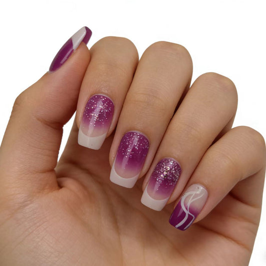 Elegant Twilight Inspired Medium Square Gradient Purple and White Press on Nail Set with Glitter Accents