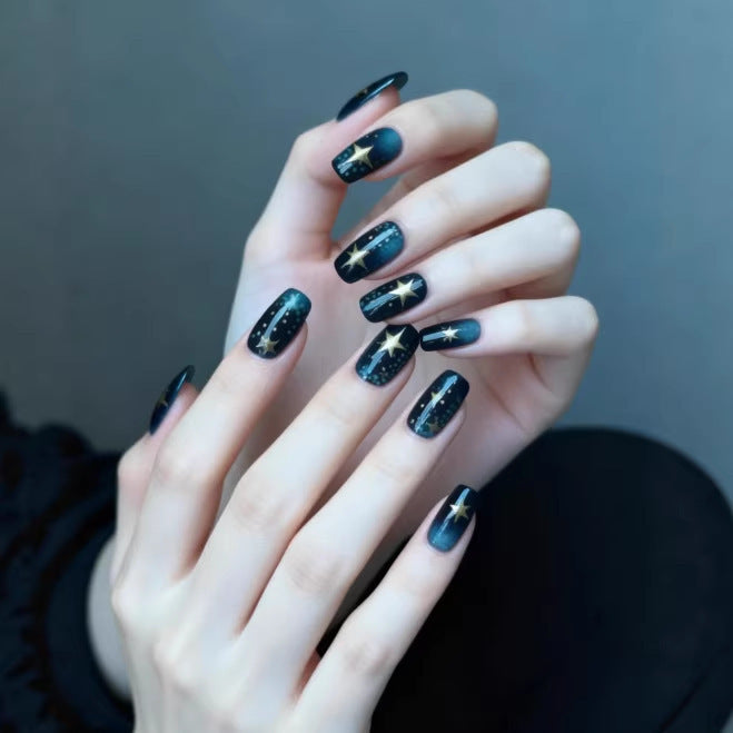Celestial Nights Long Square Dark Blue Nails with Starry Accents for Glamorous Style