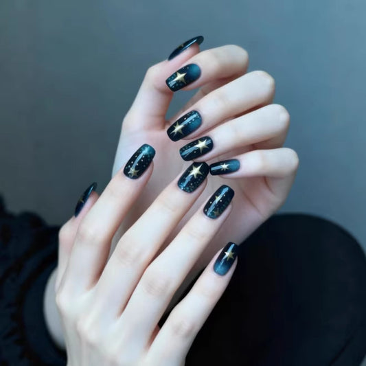 Celestial Nights Long Square Dark Blue Nails with Starry Accents for Glamorous Style