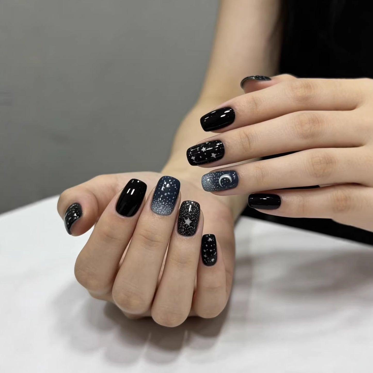 Celestial Dreams Press On Nail Set Medium Square Black and Dark Blue with Star and Moon Accents