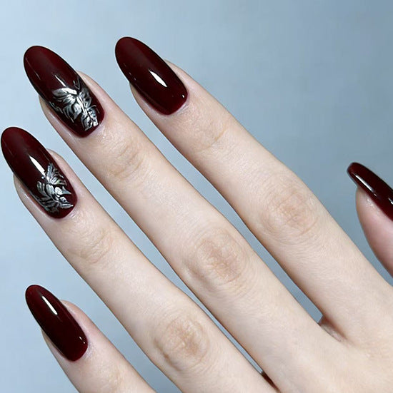 Elegant Autumn Magic Long Almond Burgundy Press-On Nail Set with Intricate Floral Design
