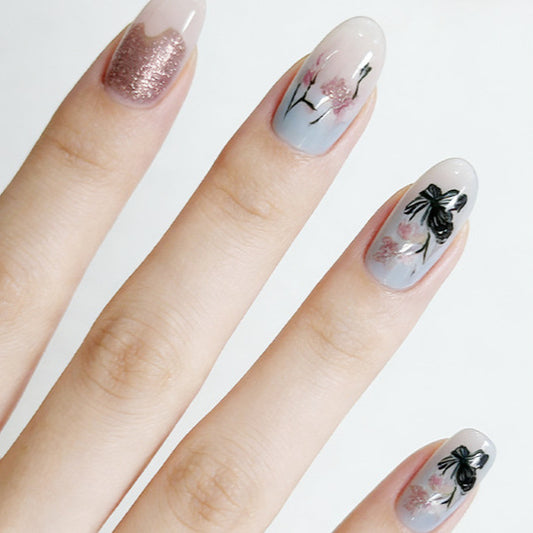 Blossoming Elegance Long Almond Light Blue with Floral Design Press on Nail Set