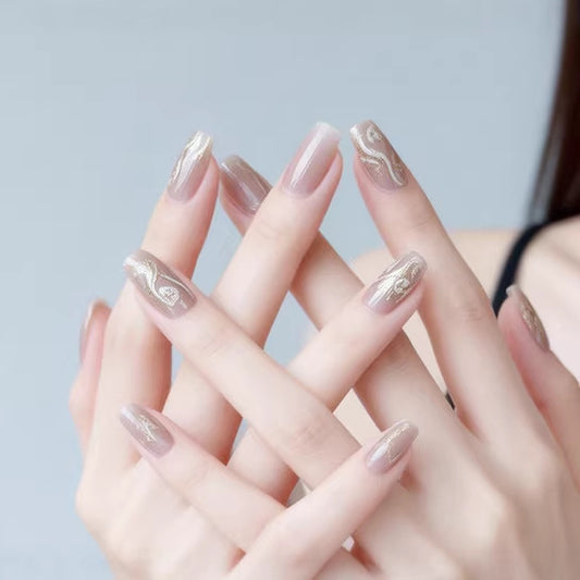 Elegant Gold Swirl Long Square Transparent Press on Nail Set