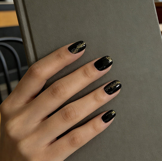 Glamorous Night Black Short Squoval Press On Nail Set with Dazzling Gold Glitter Accent