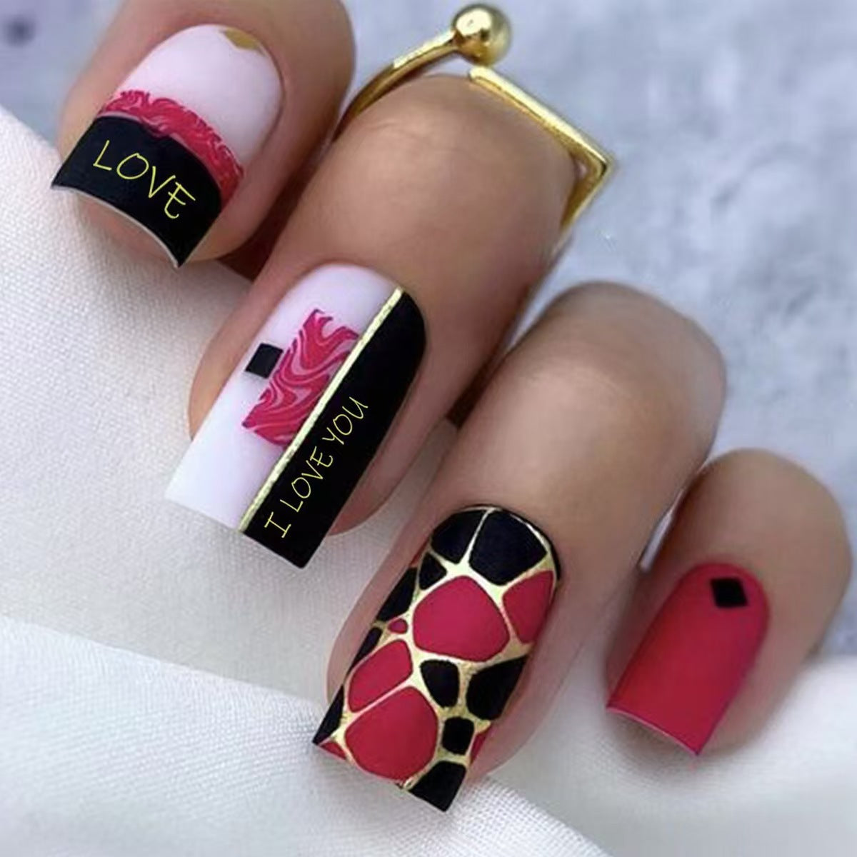 Romantic Love Story Medium Square Red and Black Colorful Nail Set with Gold Accents