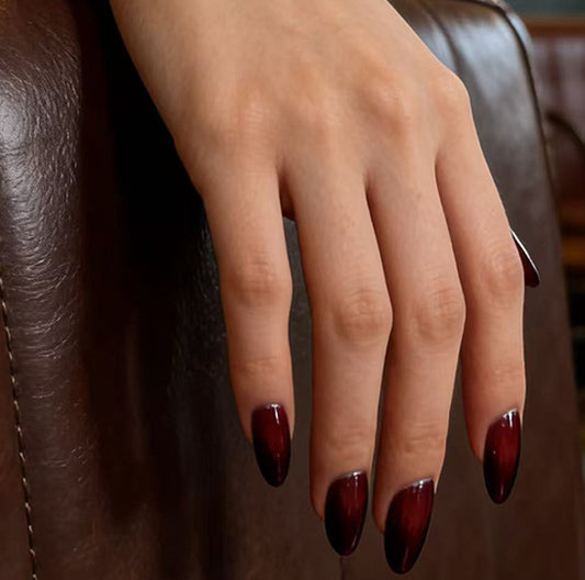 Enchanting Elegance Long Almond Shape Deep Burgundy Glossy Finish Press-On Nail Set