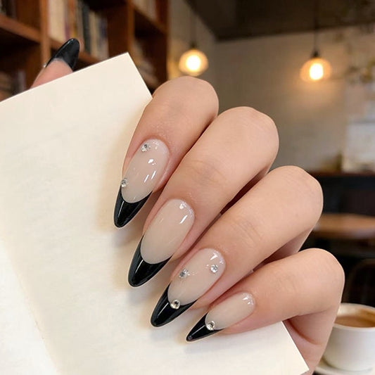 Mystical Elegance Long Almond Black and Beige Gradient Nail Set with Sparkling Gems