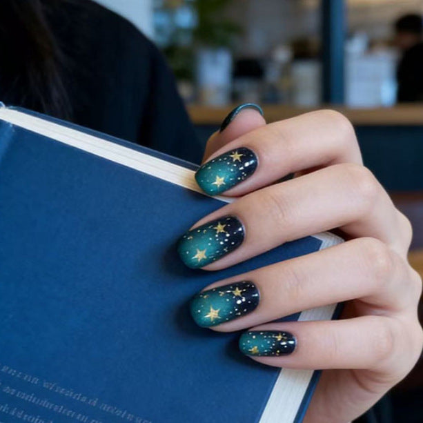 Celestial Dream Press on Nail Set Medium Square Shape Deep Blue with Sparkling Starry Design