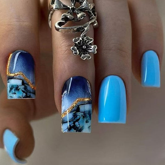Oceanic Dreams Medium Square Blue Gradient Press on Nail Set with Unique Artistic Gold Accent