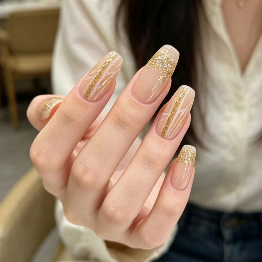 Glamorous Gold Medium Oval Press On Nail Set with Sparkling Glitter Accents