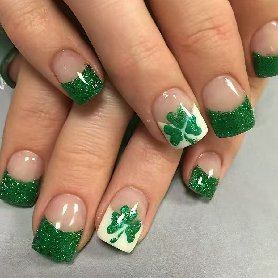 Lucky Charm Square Short Glittering Green Press-On Nail Set with Shamrock Theme