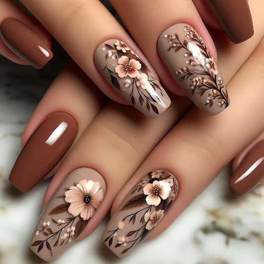 Botanical Bliss Long Square Brown Floral Detailed Press-On Nail Set