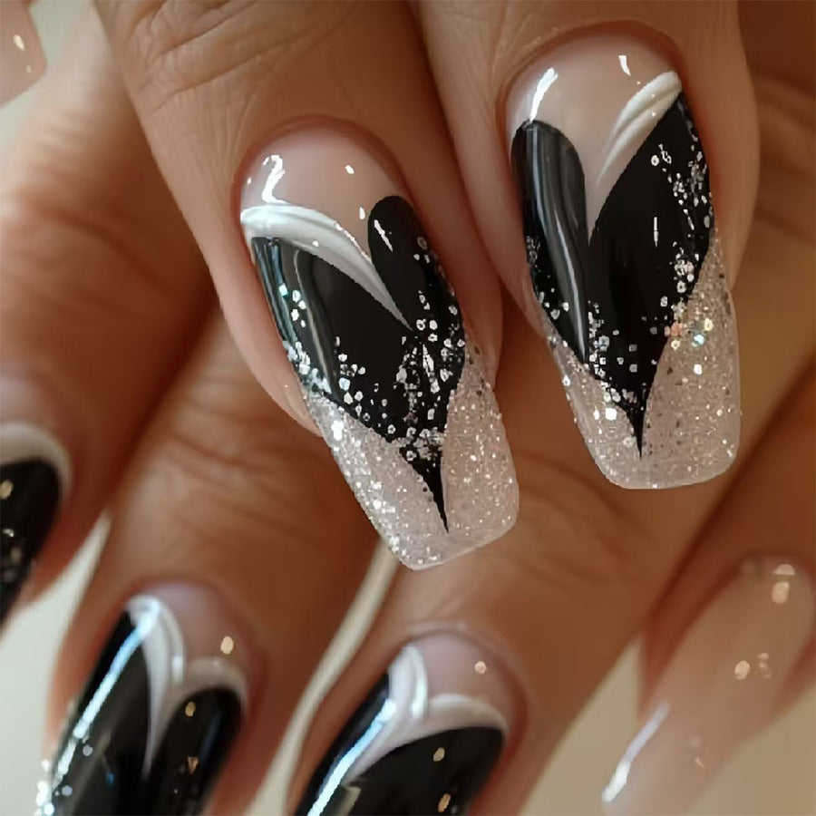 Glamorous Heart Shaped Long Coffin Black and White Glitter Press On Nail Set