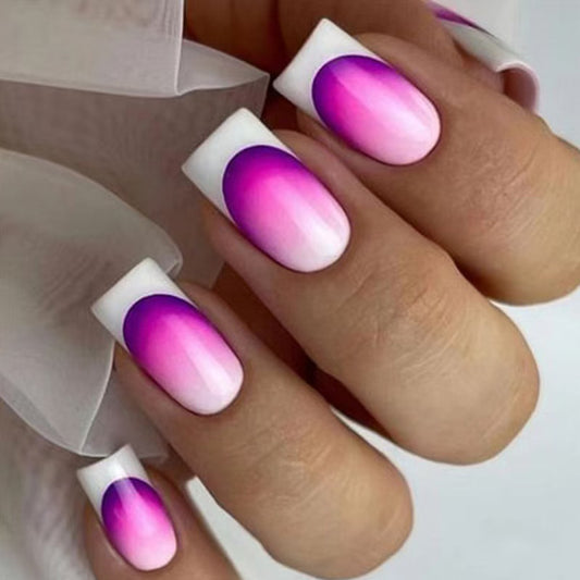 Whimsical Ombre Short Square Press On Nails in Vibrant Pink and White with Stunning Gradient Design