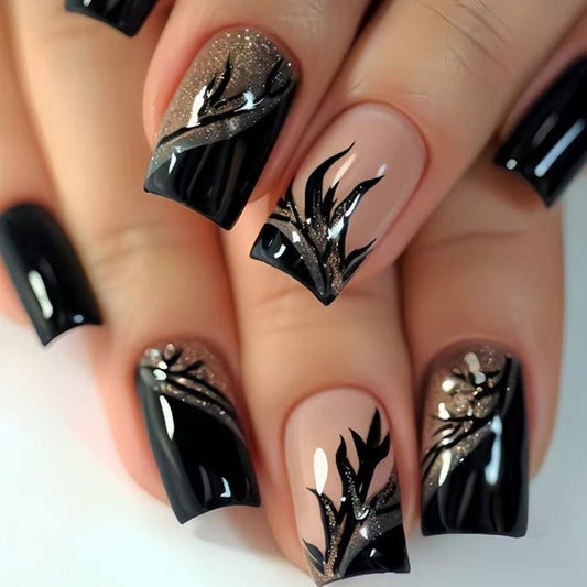 Gothic Elegance Medium Square Black Press On Nail Set with Glittering Floral Accents