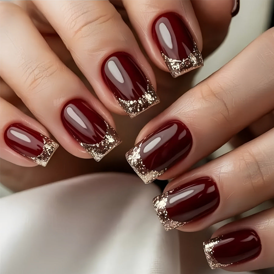 Glamorous Short Square Burgundy Nails with Sparkling French Tips