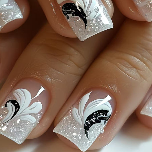 Glistening Winter Wonderland Medium Square White Nails with Intricate Black Floral Design