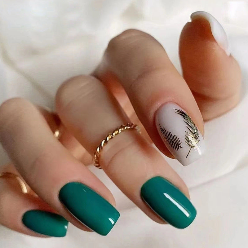 Bohemian Elegance Short Square Green with Golden Leaf Accent Press On Nail Set