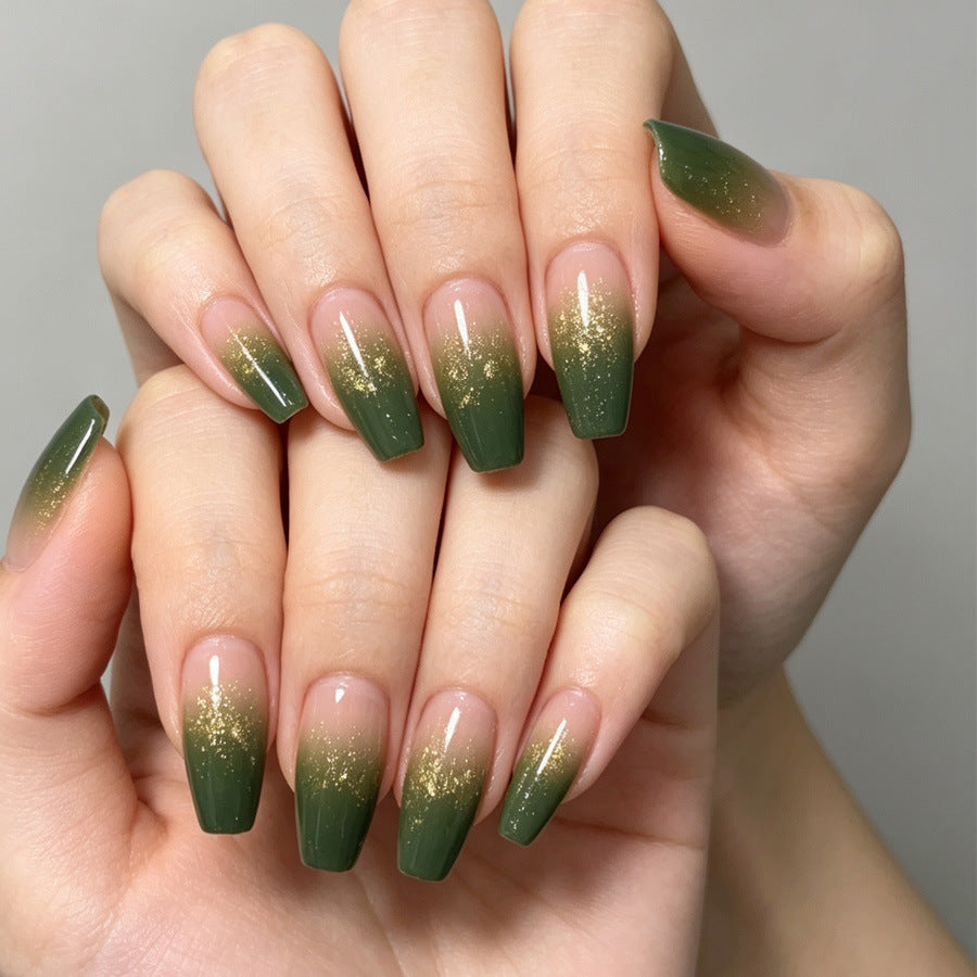 Enchanted Forest Long Coffin Green Ombre with Glitter Press On Nail Set