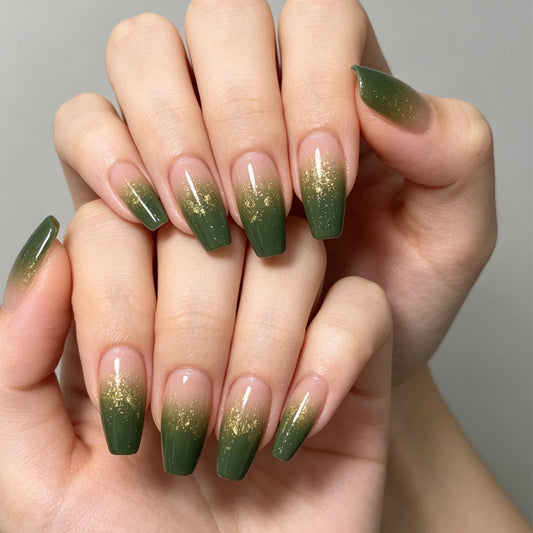 Enchanted Forest Long Coffin Green Ombre with Glitter Press On Nail Set