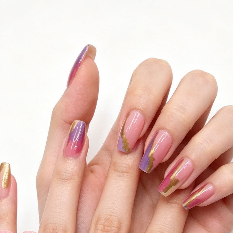 Dreamy Sunset Long Coffin Pink and Purple Nails with Gold Accent Design