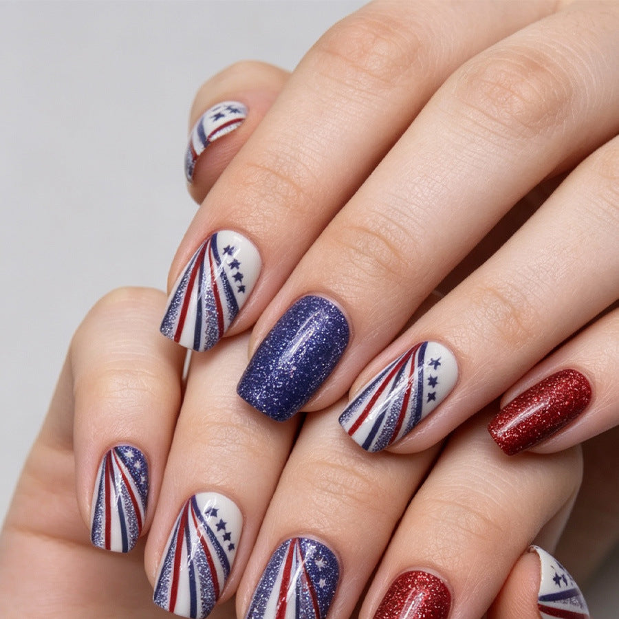 Patriotic Glamour Medium Square Red and Blue Glitter Nail Press Set