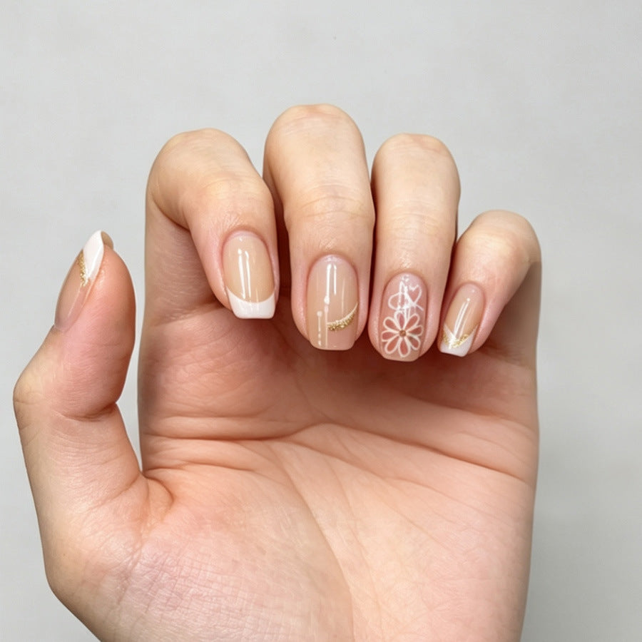 Chic Floral Elegance Medium Square Neutral Press On Nail Set with Golden Accents