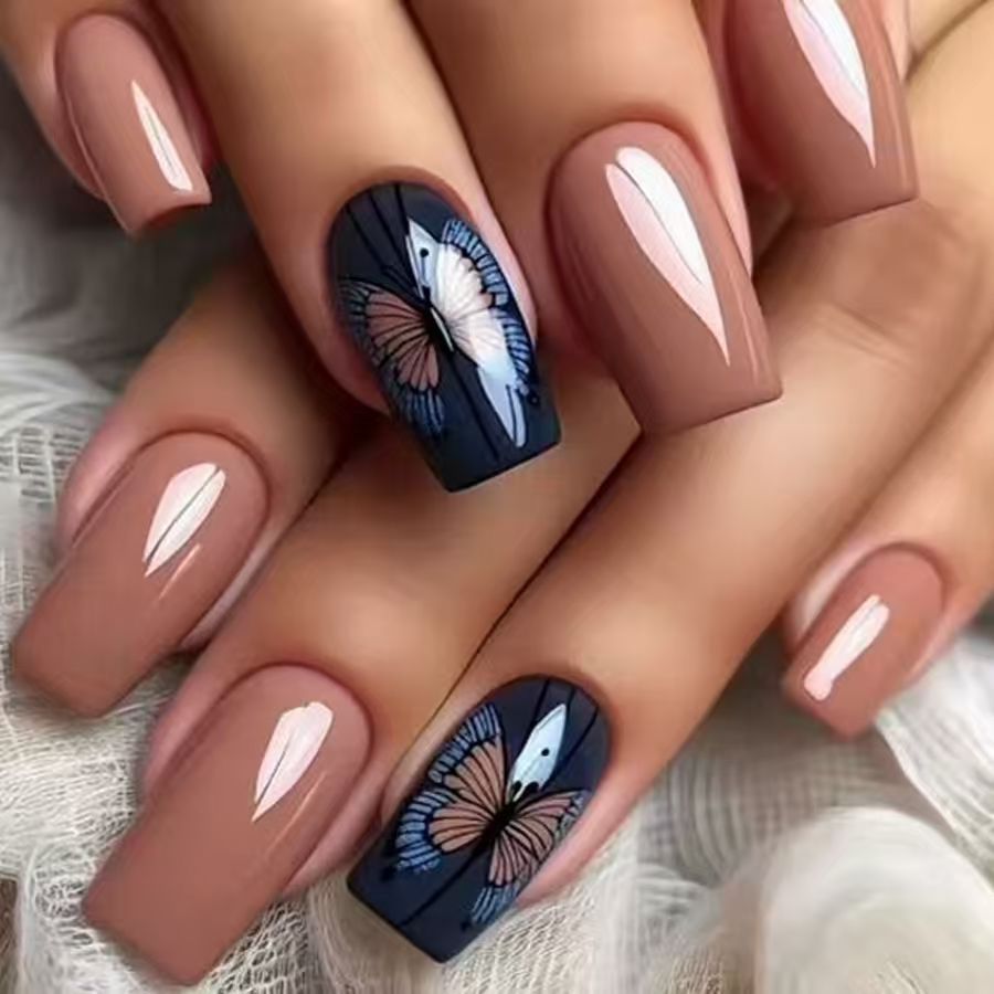Butterfly Dream Medium Square Beige with Elegant Floral Design Press-On Nail Set